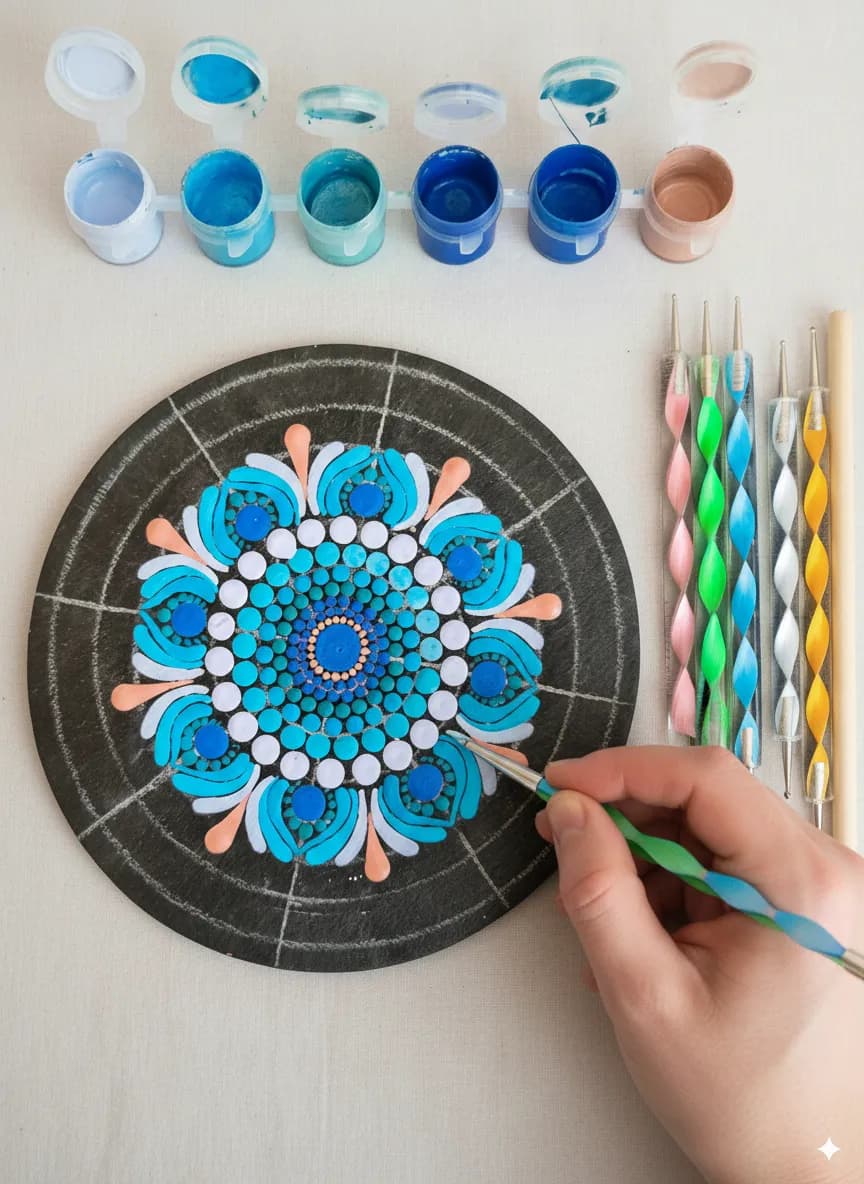 Vibrant Mandala: A Dance of Blues and Coral on Stone Canvas