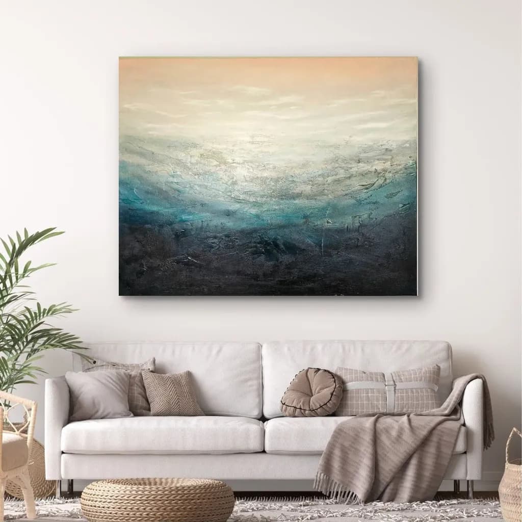 Whispers of the Ocean: A Serene Abstract Landscape in Tranquil Blues and Earthy Tones