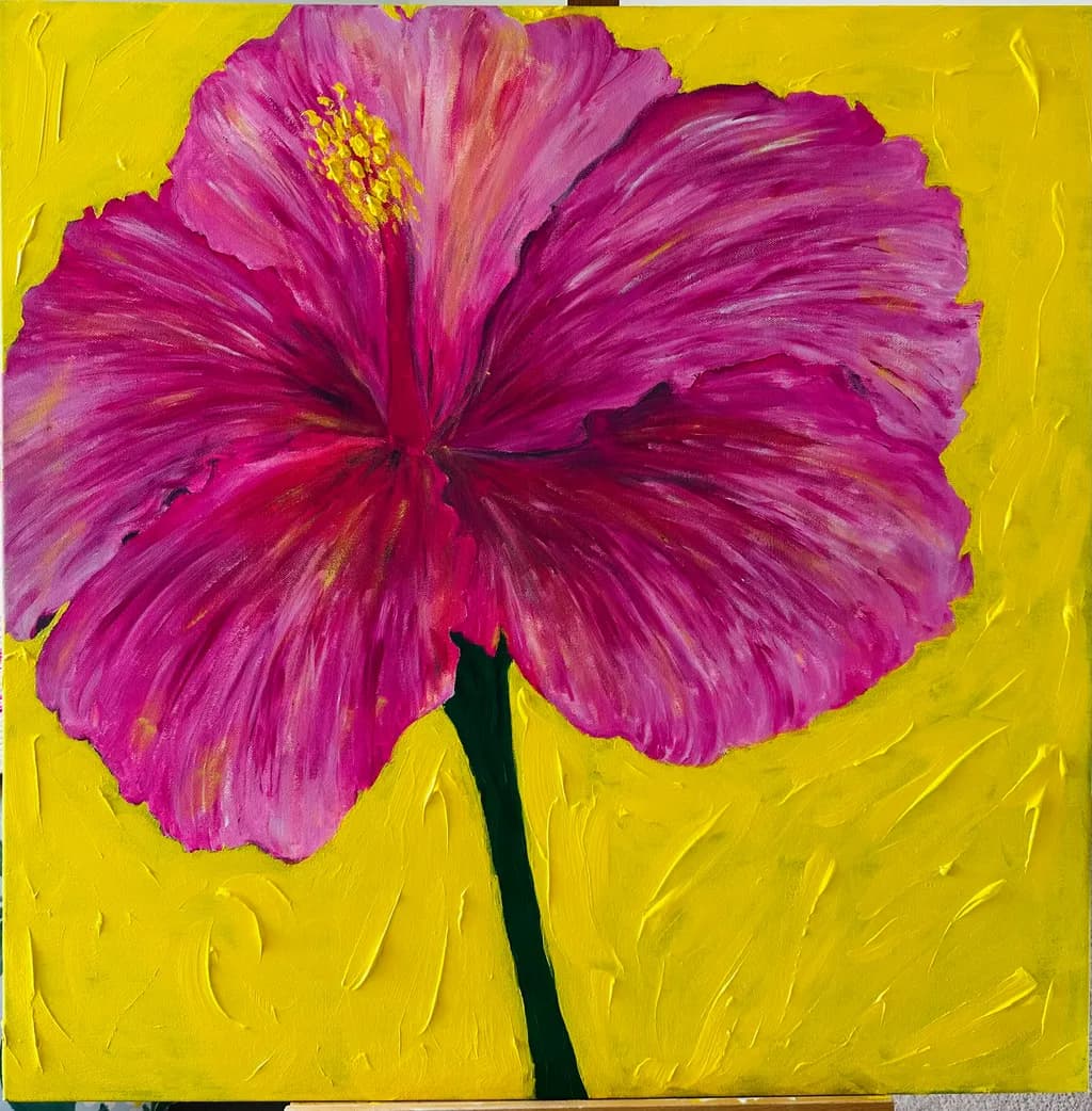 Vibrant Hibiscus Bloom Against a Sunny Yellow Canvas