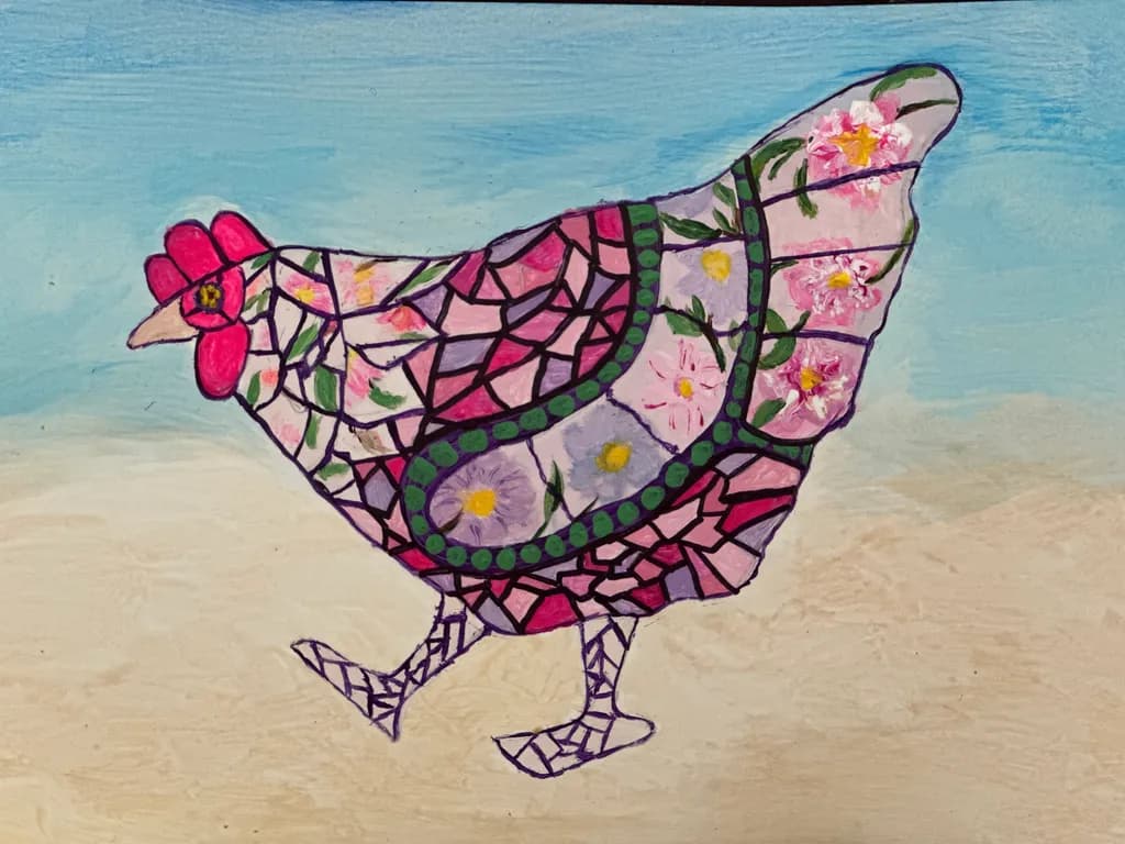 Colorful Mosaic Hen: A Whimsical Farmyard Delight