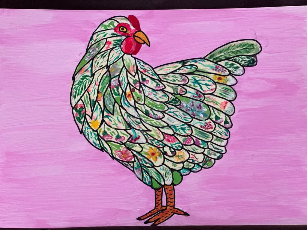 Whimsical Chicken in a Garden of Colorful Leaves