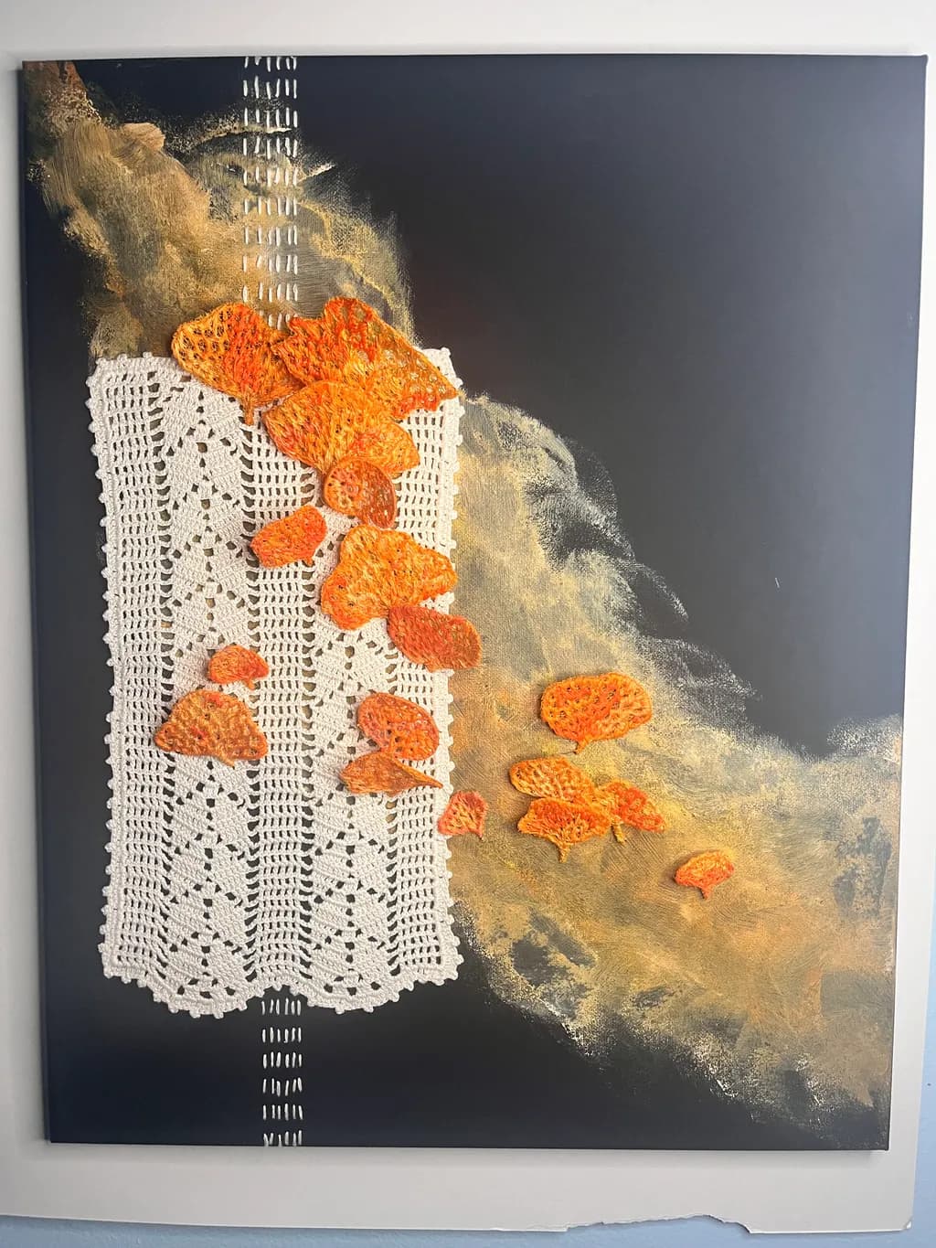 Whispers of Autumn: A Textured Dance of Orange and Lace on Canvas