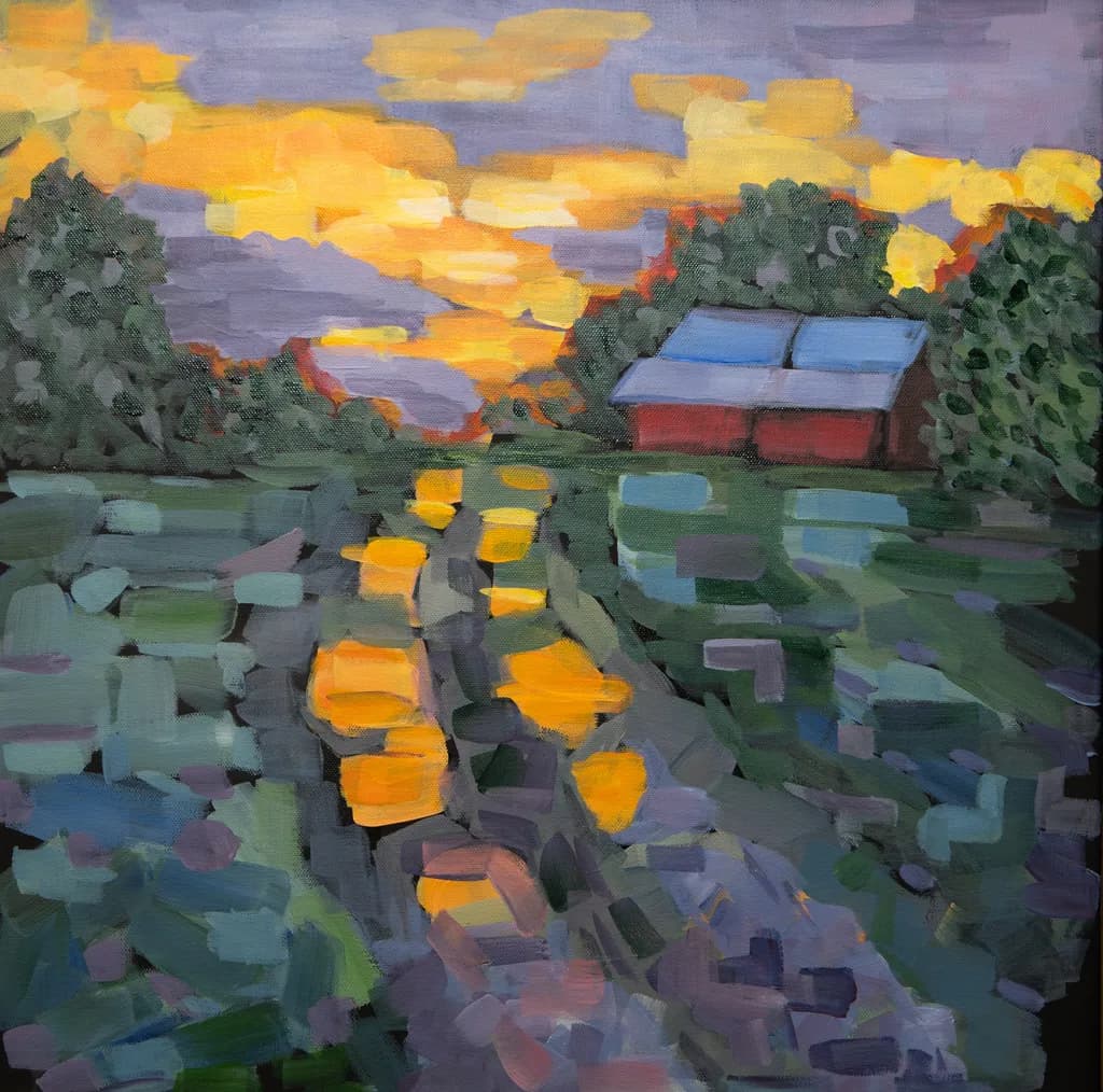 Golden Pathway at Dusk: A Serene Journey Through Fields and Sky