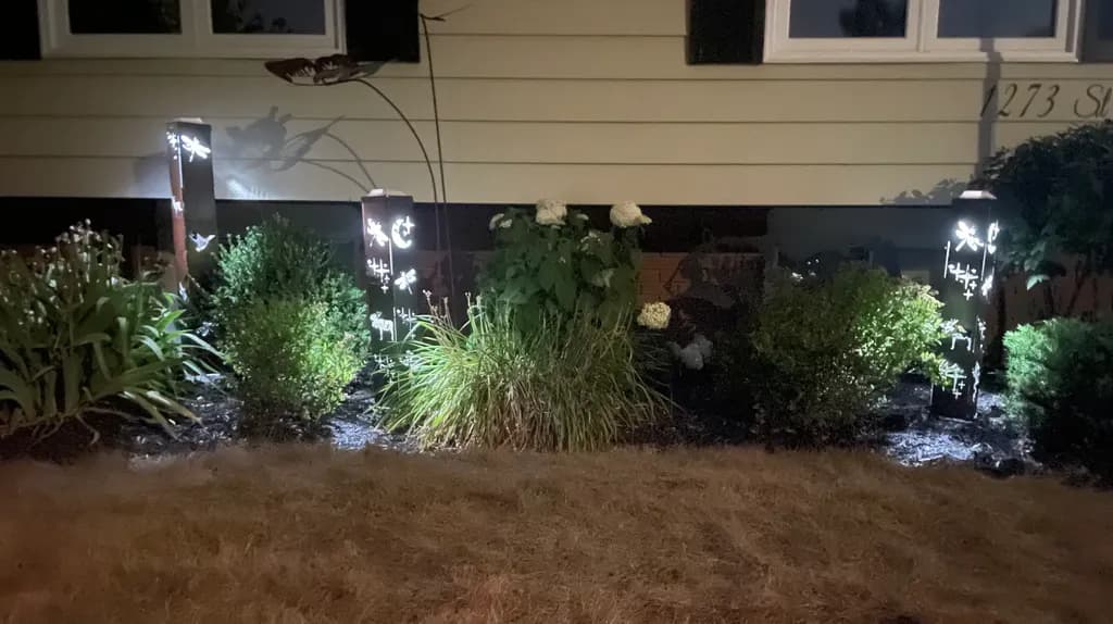 Illuminated Serenity: A Nighttime Garden Display of Nature's Whimsy
