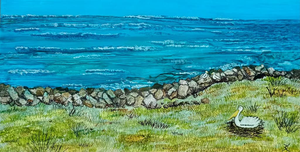 Serenity by the Shore: A Coastal Landscape with Nesting Birds and Gentle Waves