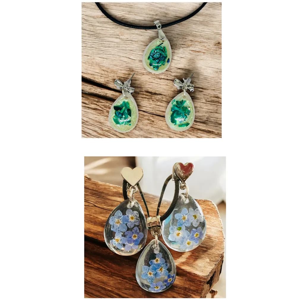 Whimsical Floral Elegance: Handcrafted Resin Jewelry Set with Earrings and Pendant