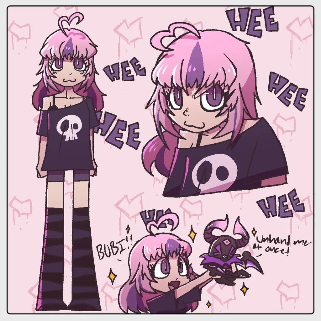 Whimsical Pink Character: Playful Anime Girl with a Skull Tee and Mischievous Charm