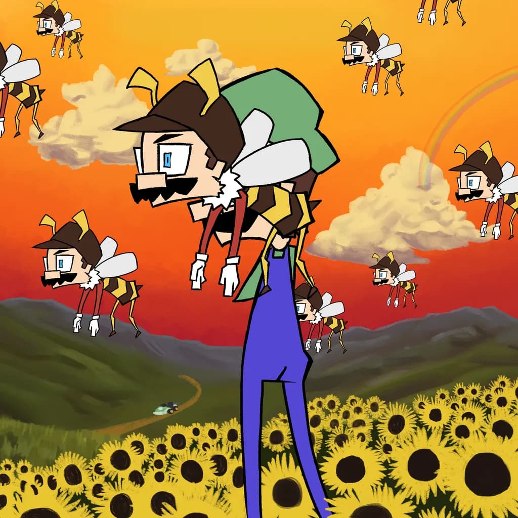 Whimsical Flight: A Surreal Journey Through Sunflower Fields with Cartoon Bees