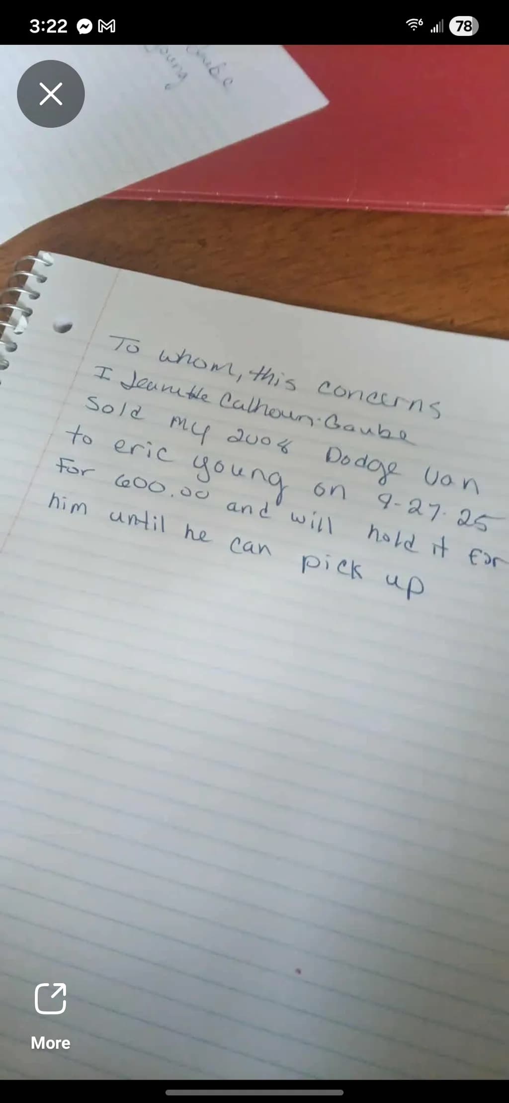 Transaction in Ink: A Handwritten Agreement for a 2006 Dodge Van