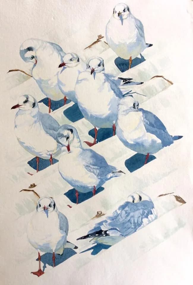 Gathering of Resilience: A Serene Study of Coastal Birds in Blue and White