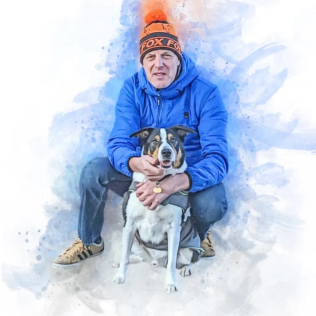 Joyful Companionship: A Heartwarming Portrait of Man and Dog in Vibrant Watercolor Splendor