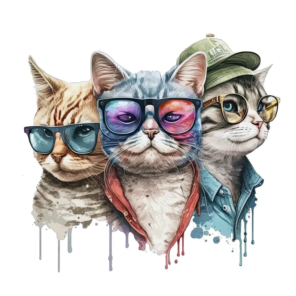 Chic Feline Trio: Stylish Cats in Sunglasses and Hats