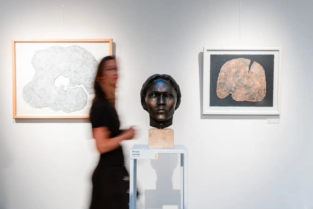 Ethereal Echoes: A Bronze Portrait Amidst Abstract Landscapes