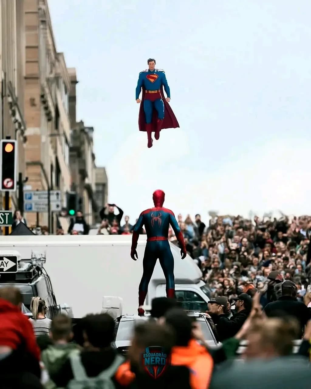 Epic Showdown: Heroes in Flight - A Captivating Encounter Between Superman and Spider-Man Amidst a Thrilled Crowd