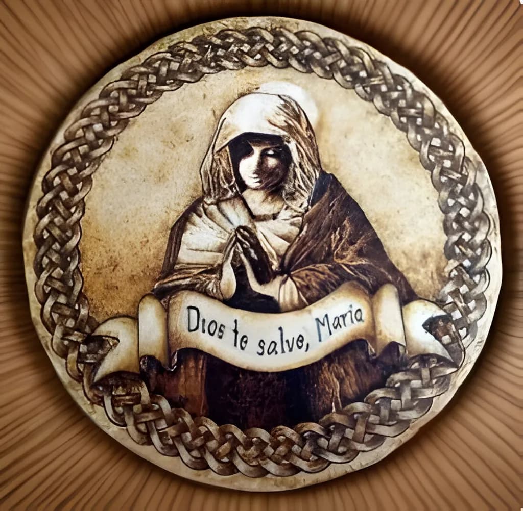 Divine Embrace: A Tribute to Mary in Intricate Woodburn Art
