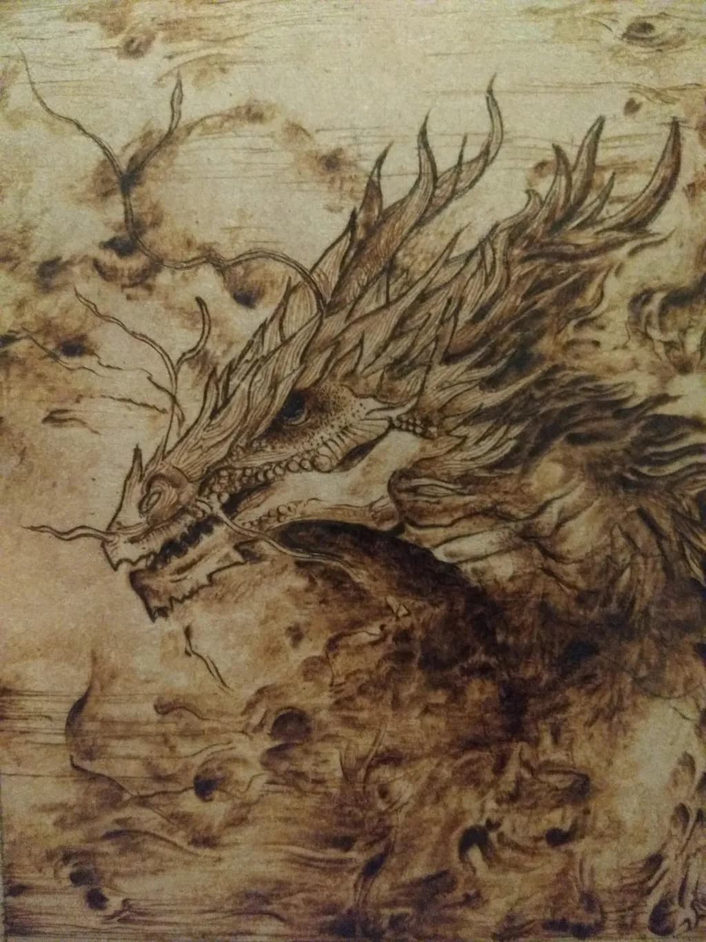 Eternal Flame: A Mythical Dragon's Dance in Woodburning Detail