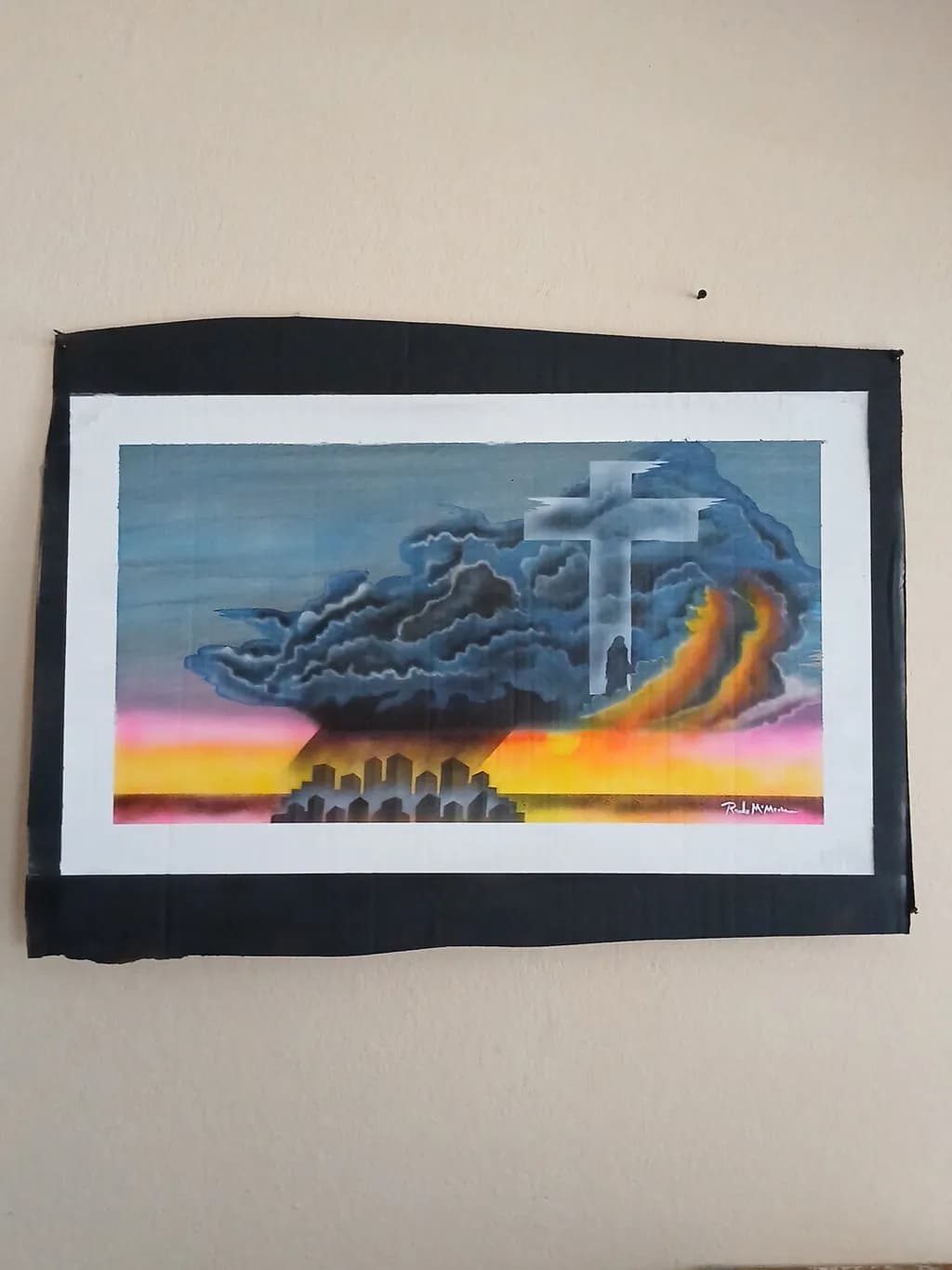 Ethereal Dawn: A Cross Amidst Stormy Skies and Vibrant Horizons