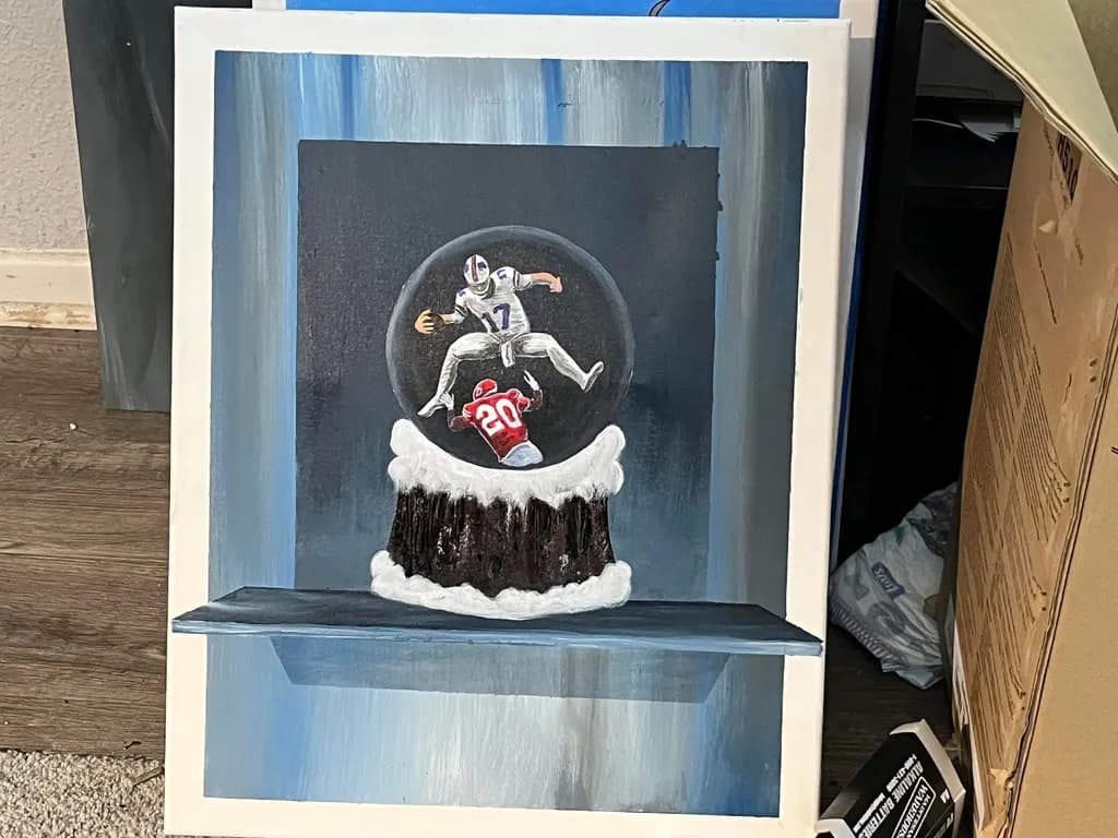 "Frozen in Time: A Dynamic Football Showdown in a Snow Globe"