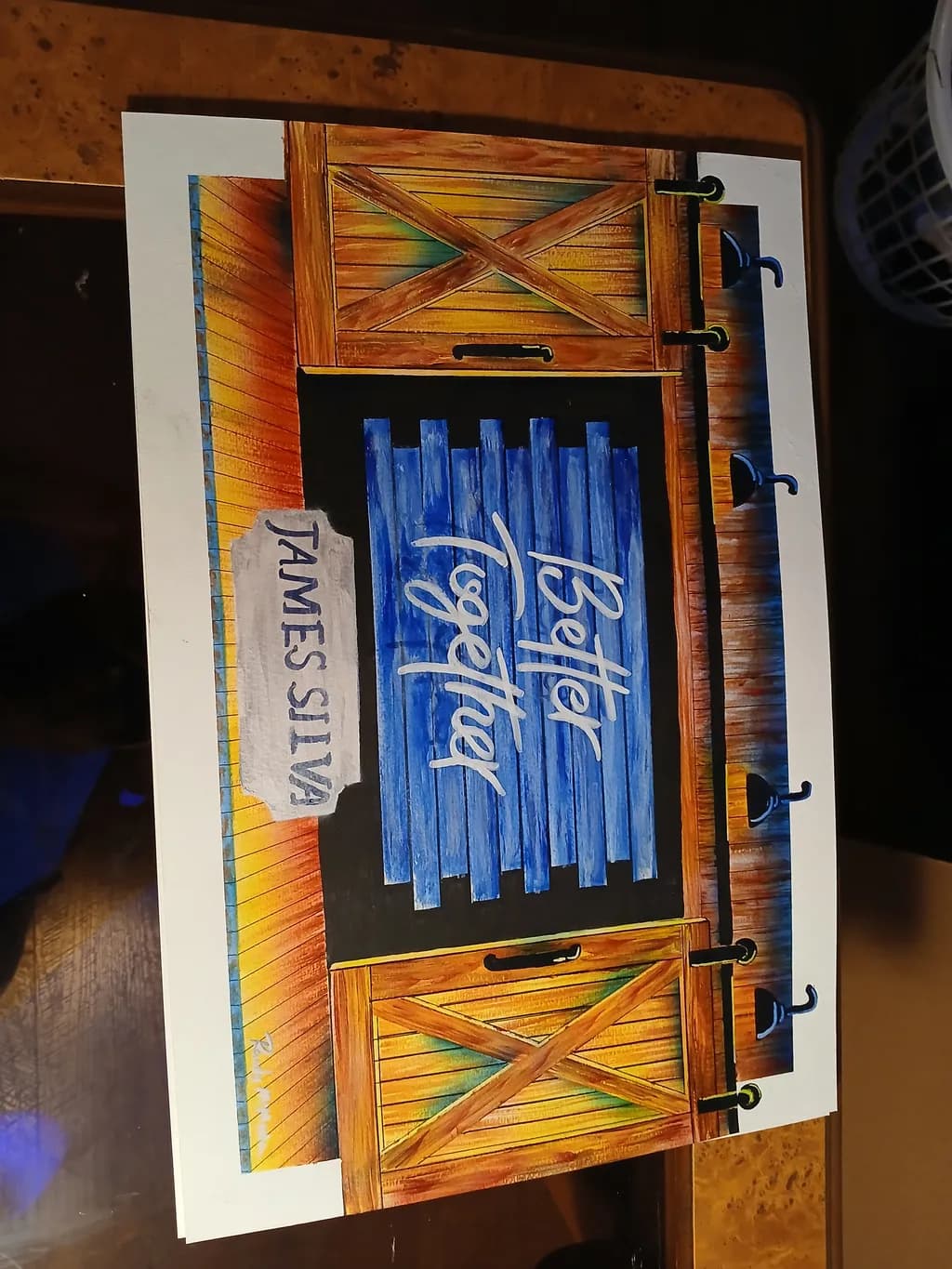 Rustic Blue Lettering: A Vibrant Illustration of Wood and Design Elements
