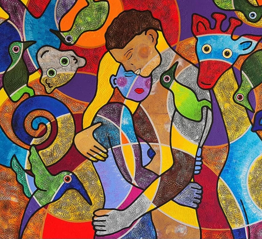 Embrace of Colors: A Whimsical Dance of Love and Nature