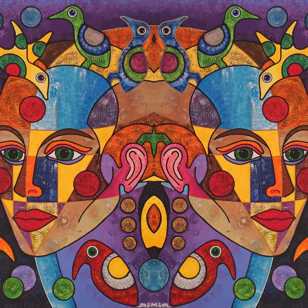 Vibrant Visions: A Dance of Faces and Nature in Abstract Harmony