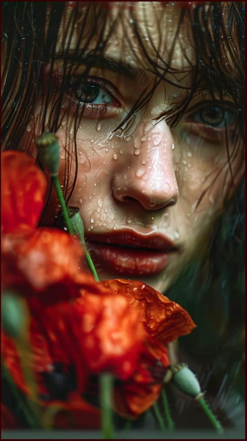 Whispers of Rain: A Portrait of Beauty Amidst Poppies