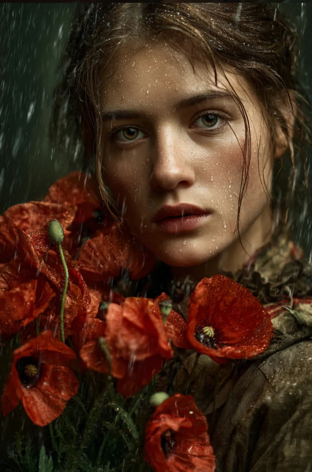 Whispers of Rain: A Portrait of Beauty Amidst Poppies