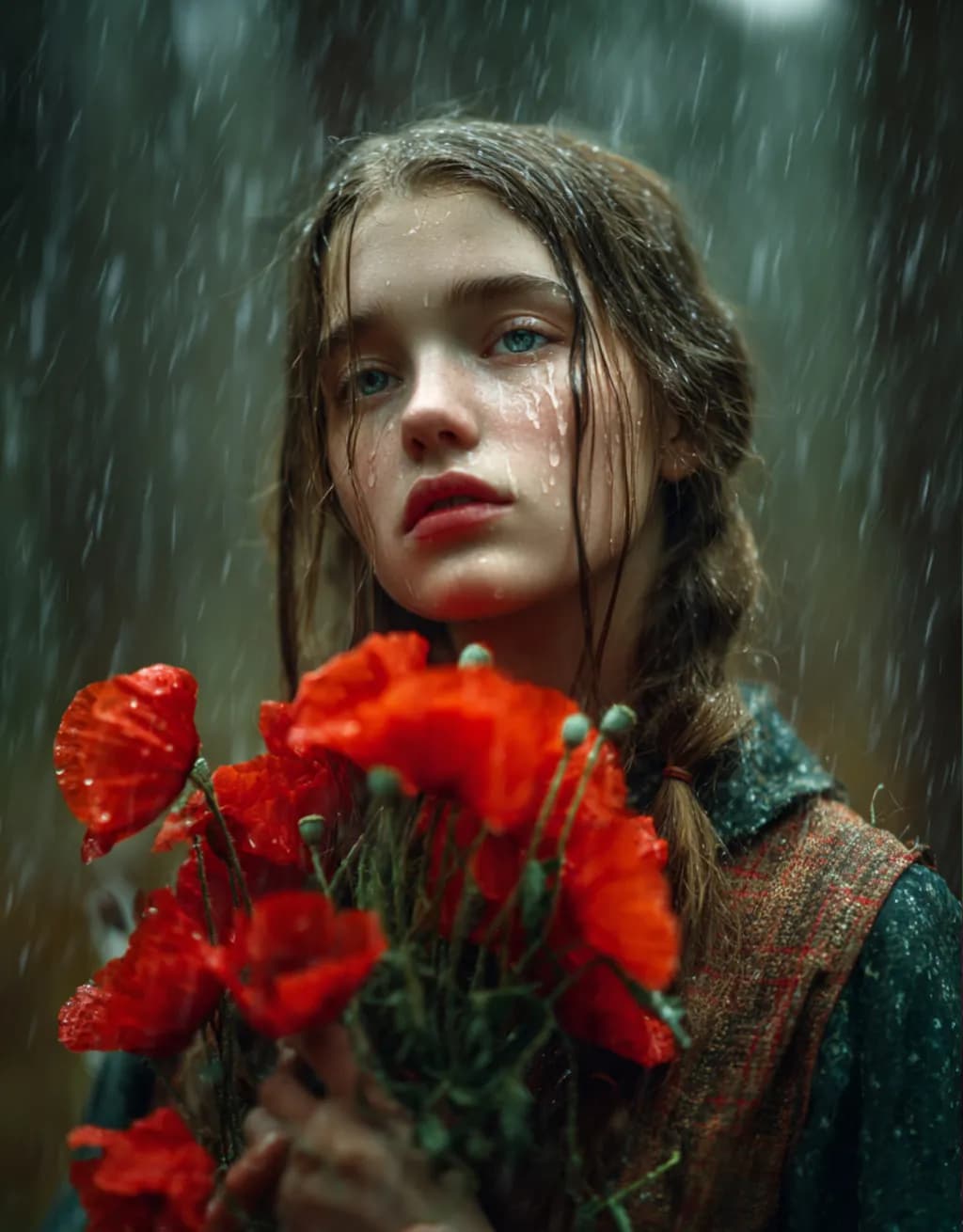 Whispers of Rain: A Girl's Solitude Amidst Poppies