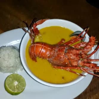 Lobster Delight: A Vibrant Curry Platter with Lime and Rice Elegance