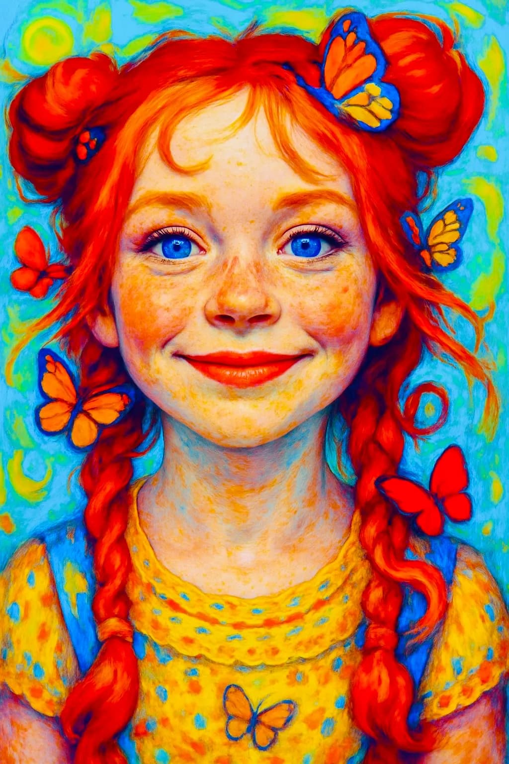 Whimsical Joy: A Radiant Girl Surrounded by Butterflies in a Colorful Dreamscape