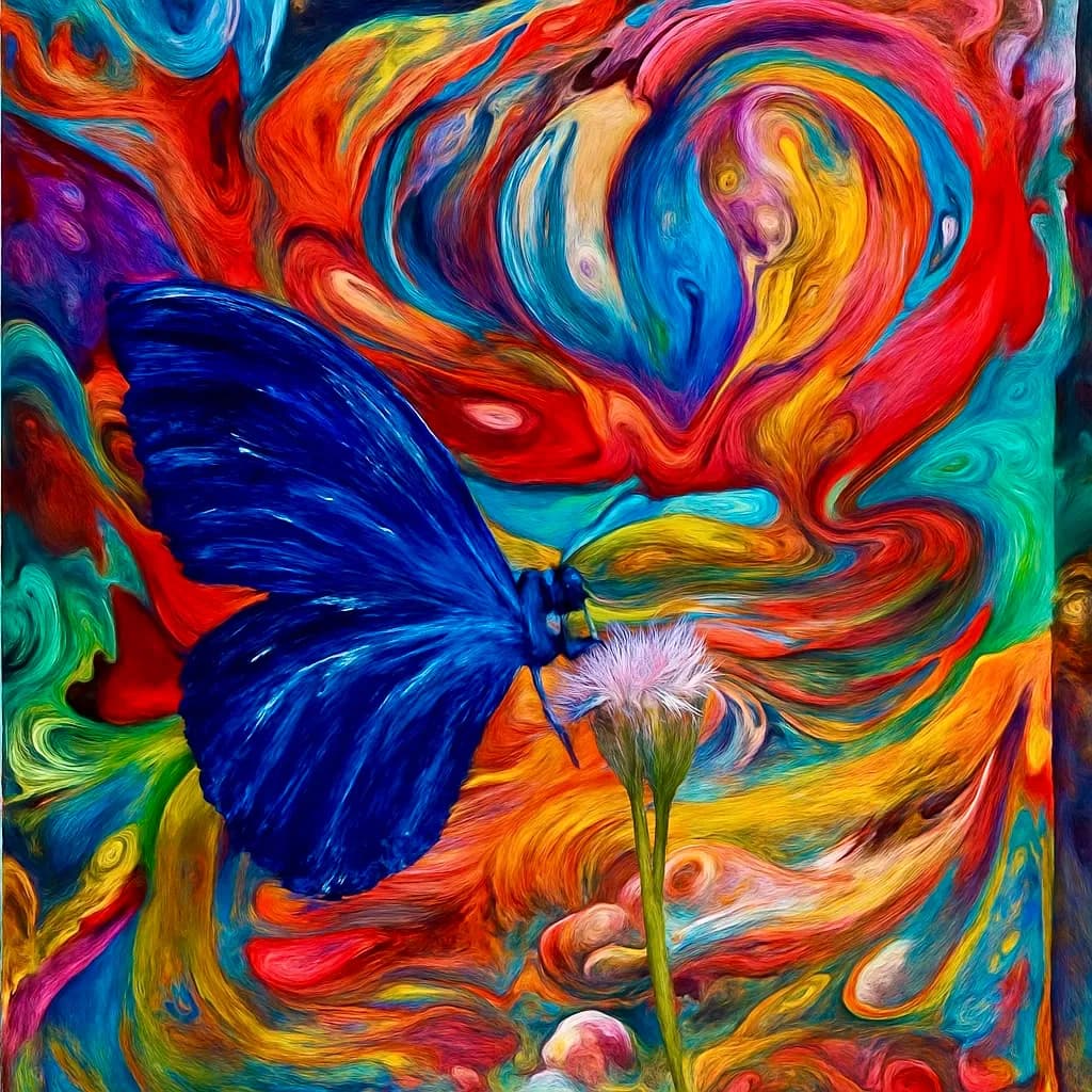 Whispers of Color: A Blue Butterfly's Dance Among Vibrant Swirls