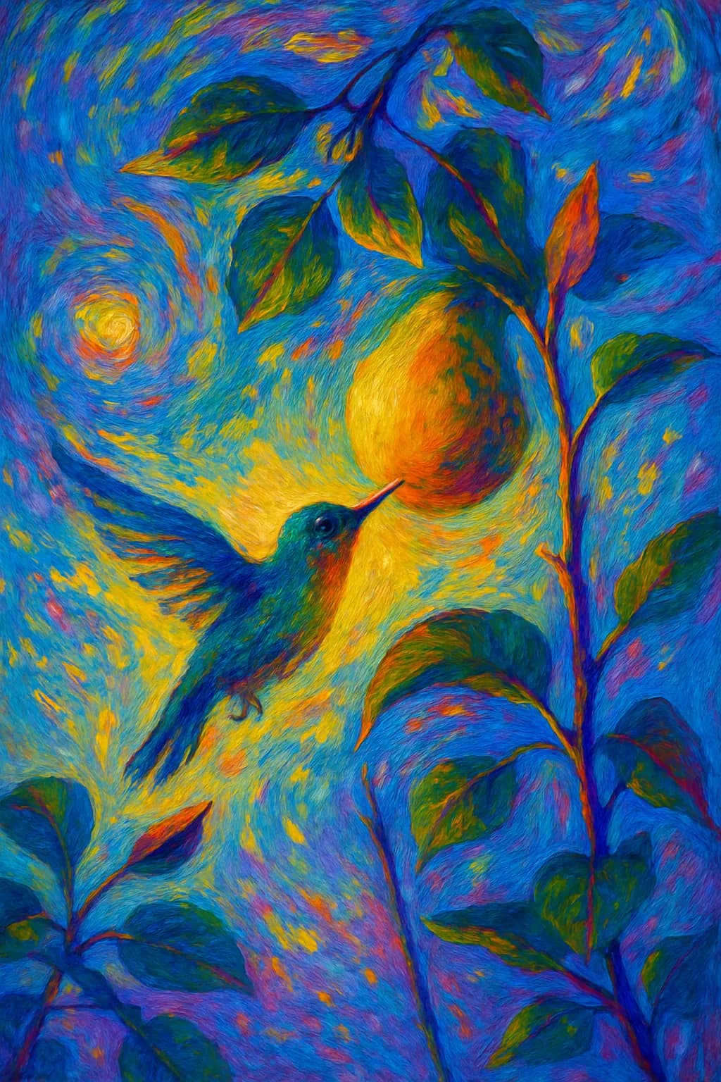 Whispers of Color: A Hummingbird's Dance with Citrus Dreams