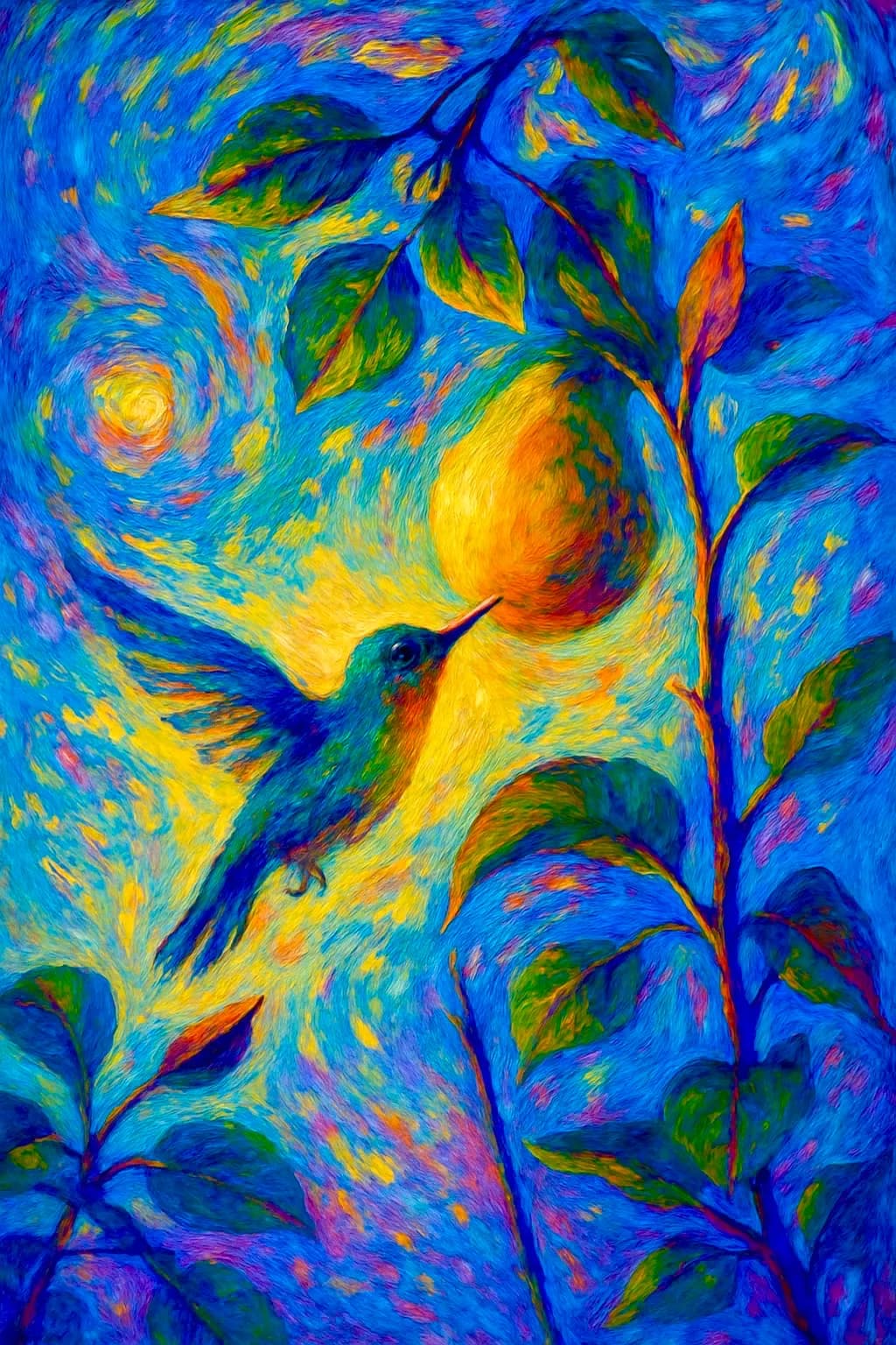 Whispers of Color: A Hummingbird's Dance Under the Celestial Glow