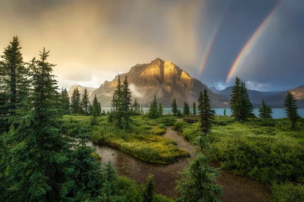 Whispers of Light: A Serene Mountain Landscape with Rainbows and Lush Greenery