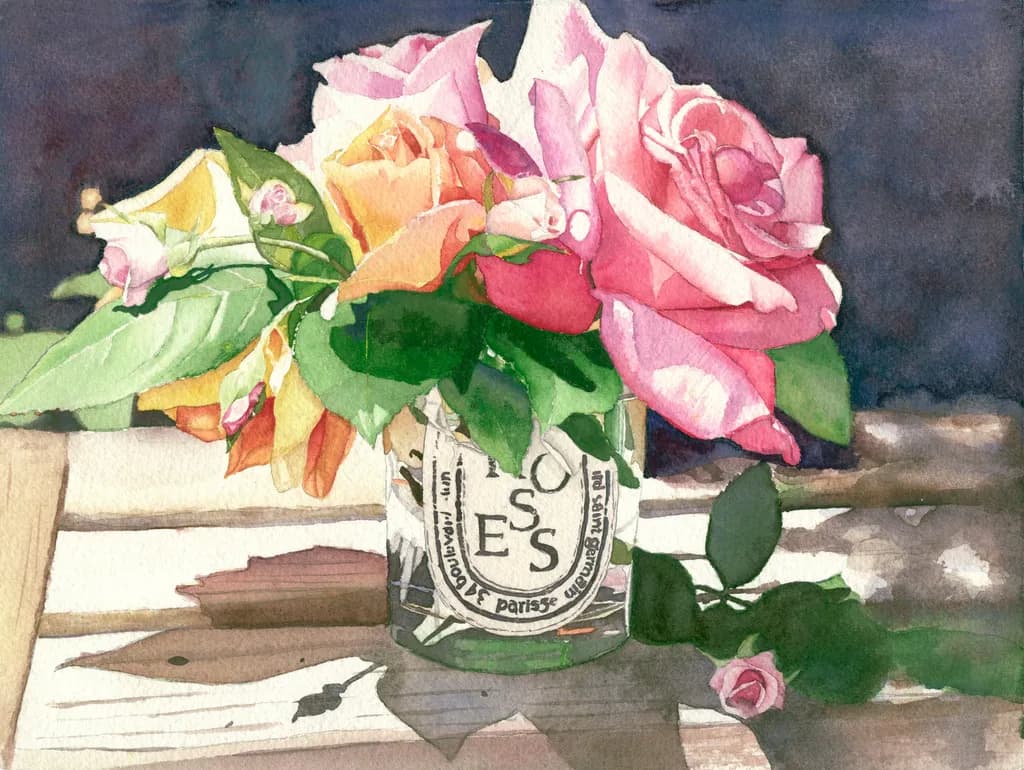Whispers of Spring: A Watercolor Bouquet of Roses in a Vintage Jar