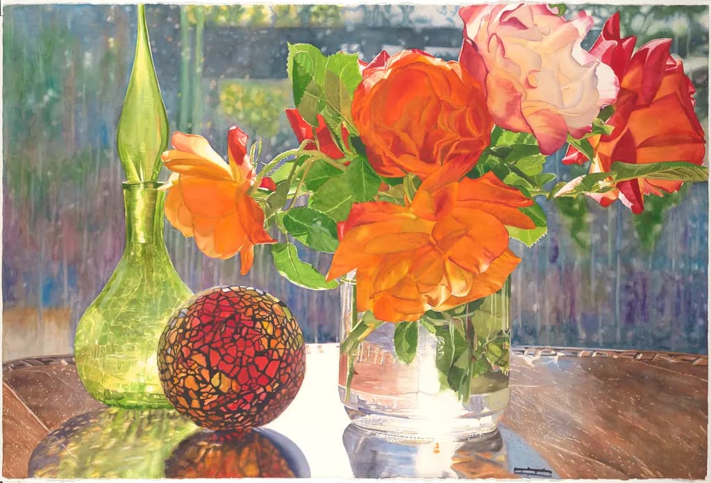 Vibrant Blossoms: A Sunlit Still-Life of Colorful Flowers in a Glass Vase