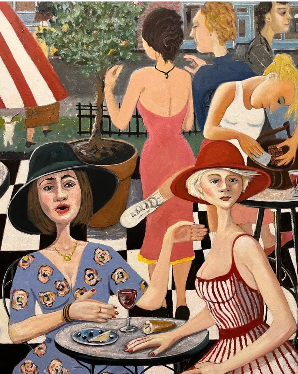 Vibrant Café Conversations: A Social Gathering in Fashion and Artistry