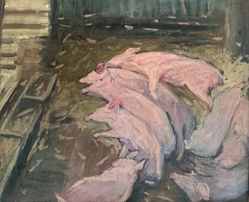 Whispers of the Barn: A Serene Gathering of Pigs in Pastel Hues