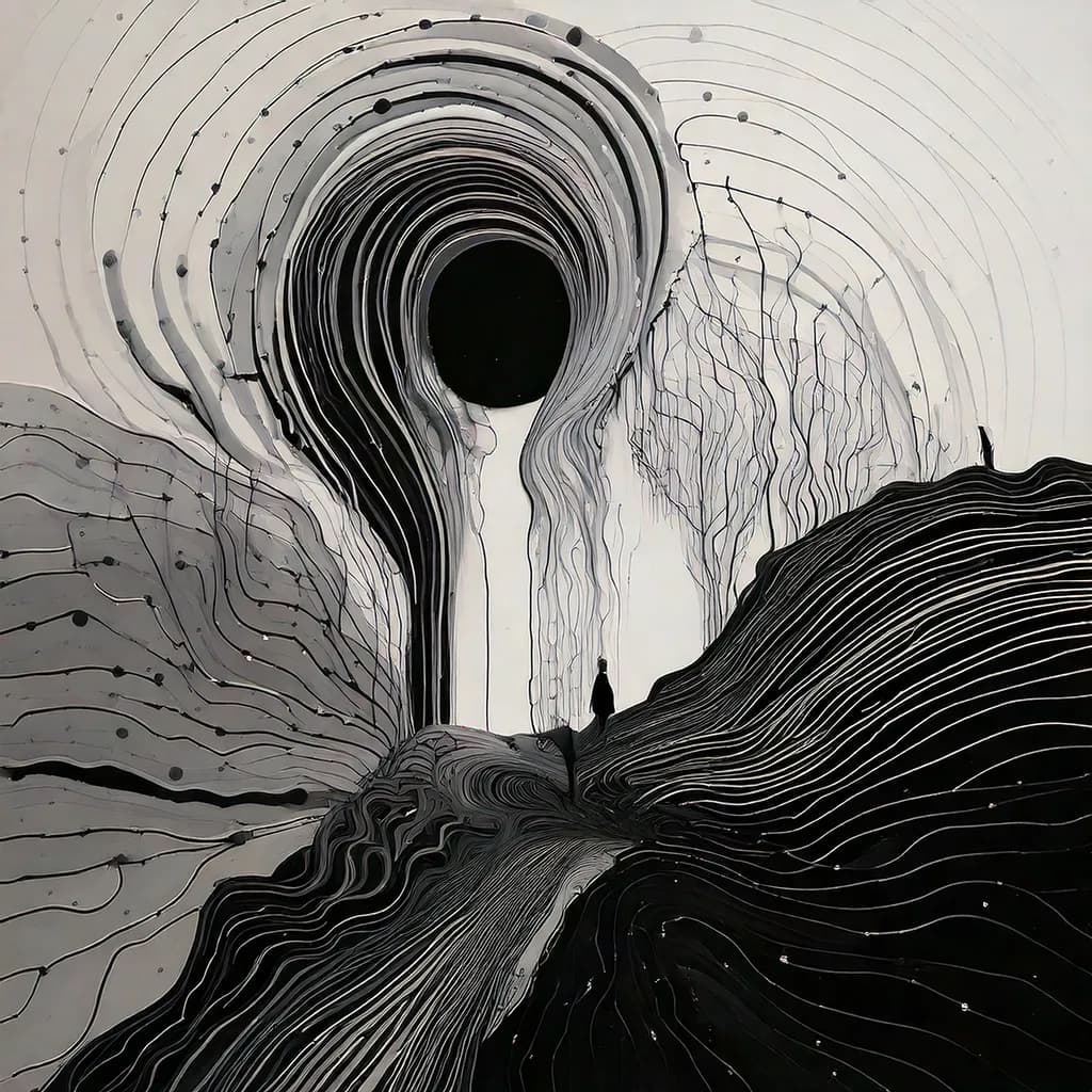 Ethereal Journey Through Monochrome Landscapes: A Dance of Swirls and Shadows