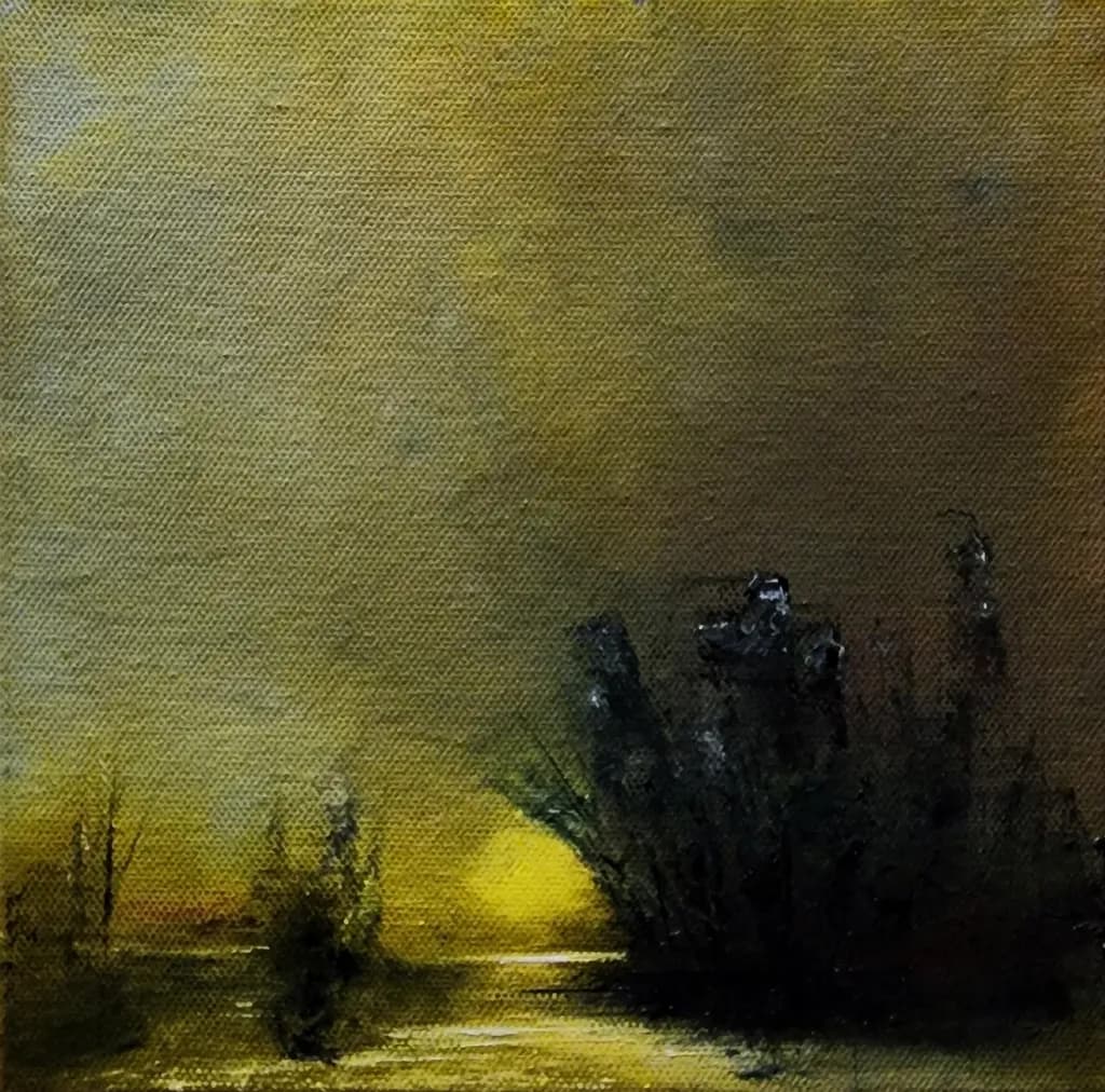 'Golden Reflections at Dusk'. Oil on Canvas. 12" x 12". (A moment of stillness captured in the fading light... where nature whispers its secrets.)