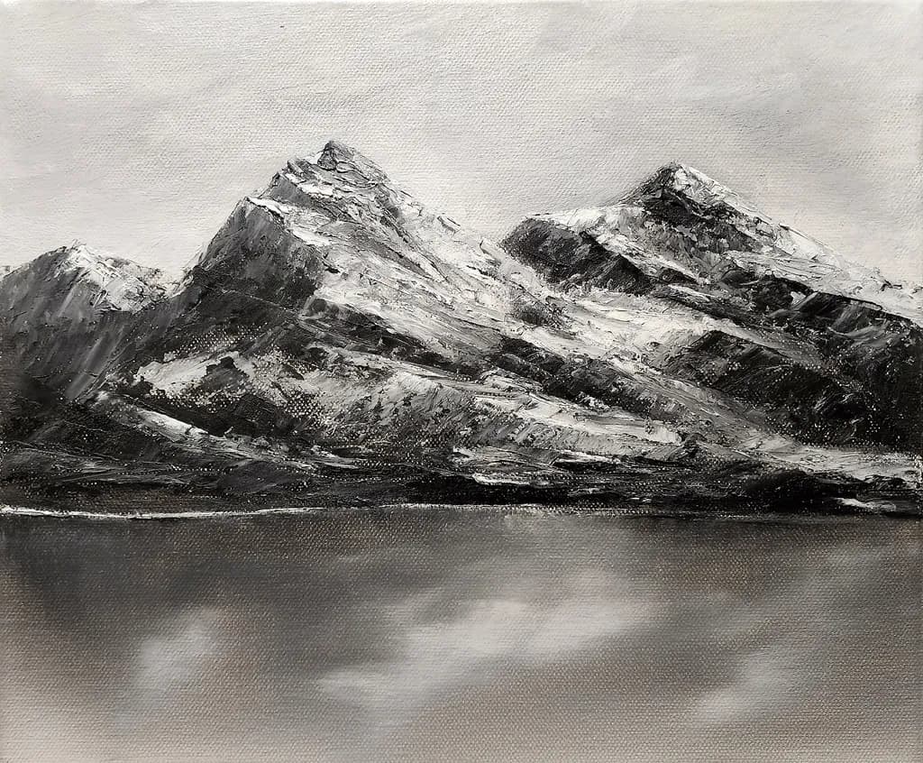'Whispers of the Mountains'. Oil on Canvas. 12" x 16". (Monochrome texture reflecting serenity in nature).