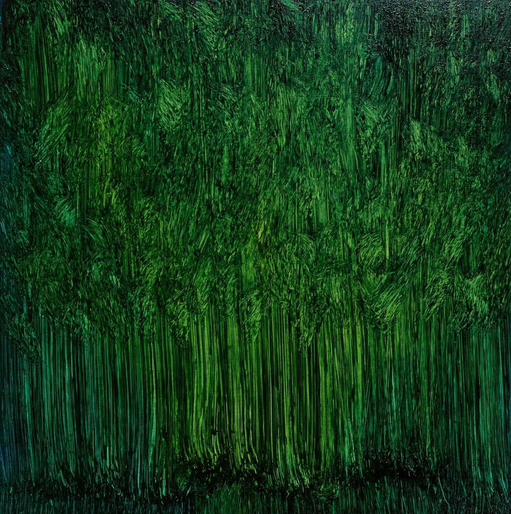 'Whispers of the Forest'. Oil on Canvas. 12" x 24". (A meditative exploration of New Zealand's lush greenery, where the essence of nature speaks softly through layers of green...)