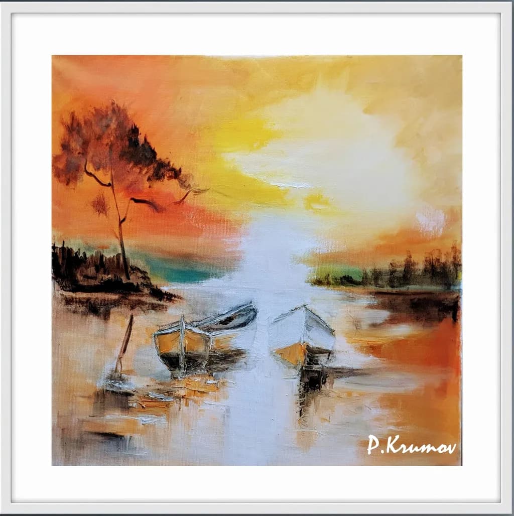 Serene Sunset: Tranquil Waters and Whispering Boats