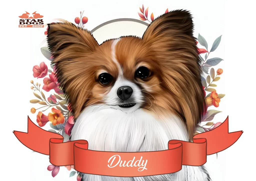 Whimsical Portrait of Duddy: A Charming Papillon Surrounded by Floral Elegance