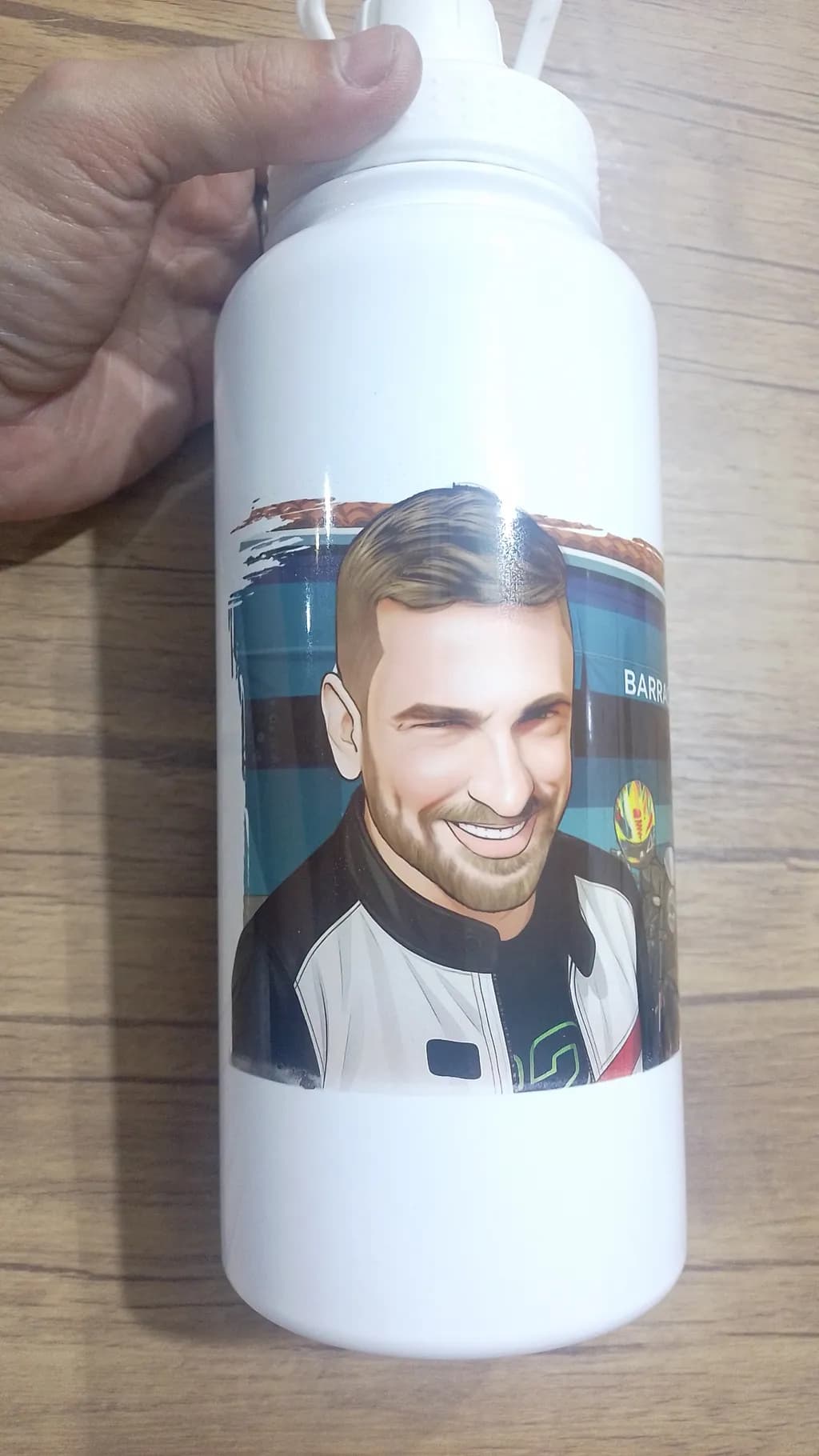 Dynamic Racer: A Playful Portrait on a Water Bottle