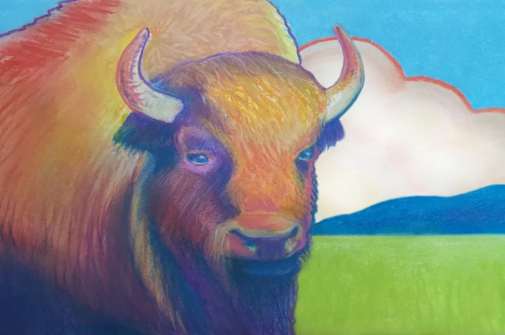 Majestic Bison: A Vibrant Pastel Portrait of Nature's Strength