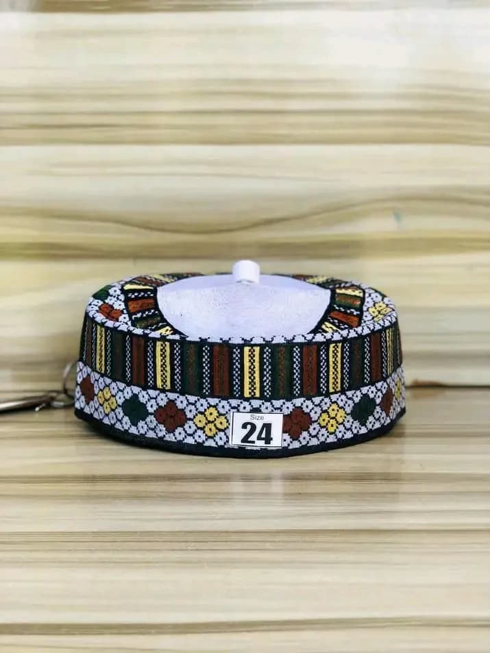 Vibrant Cultural Elegance: Handcrafted Traditional Hat with Intricate Patterns and Size 24 Design