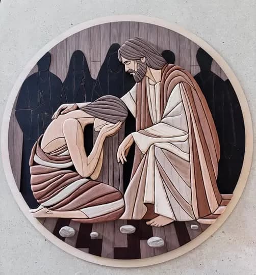 Embrace of Compassion: A Sacred Encounter in Wood Relief Art