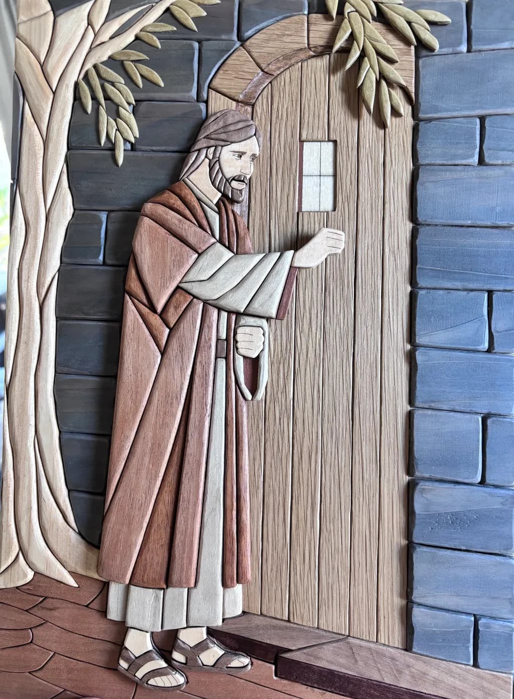 The Doorway of Faith: A Handcrafted Wooden Art Piece Depicting a Moment of Divine Invitation