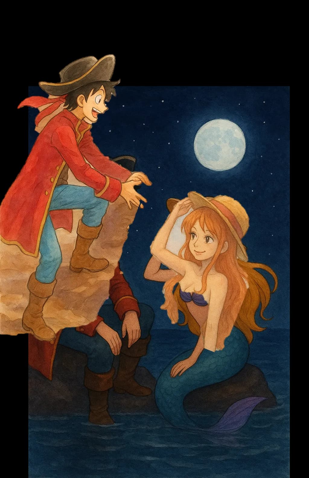 Moonlit Adventures: A Whimsical Encounter Between a Pirate and a Mermaid